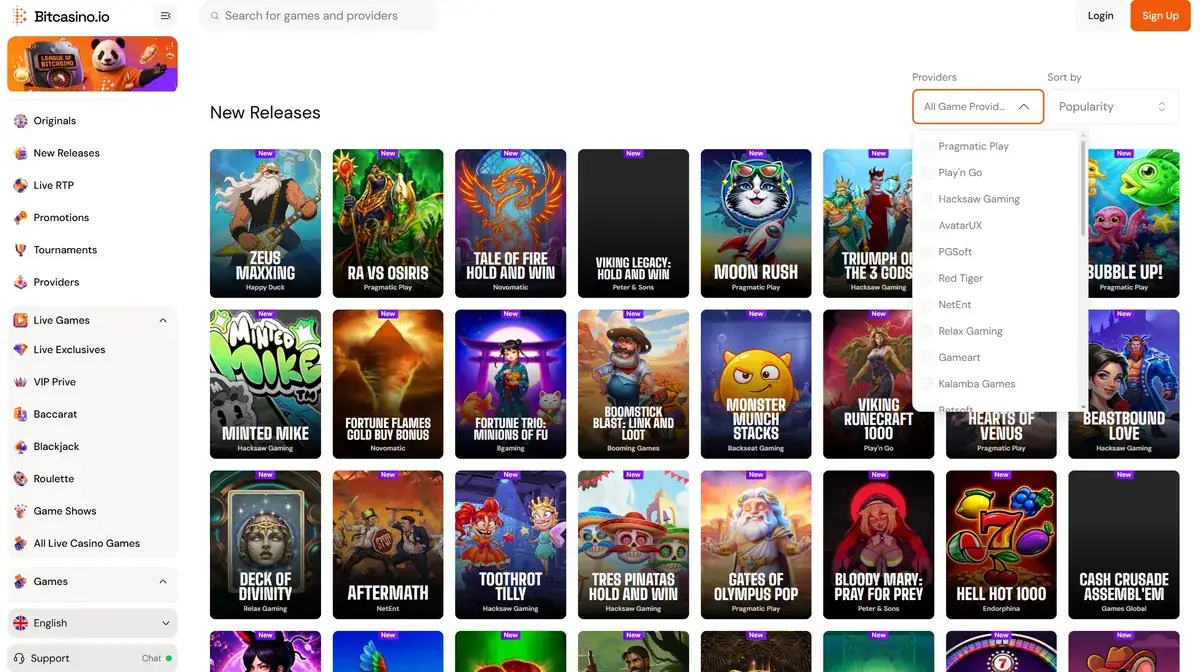 Game categories in the Bitcasino.io lobby