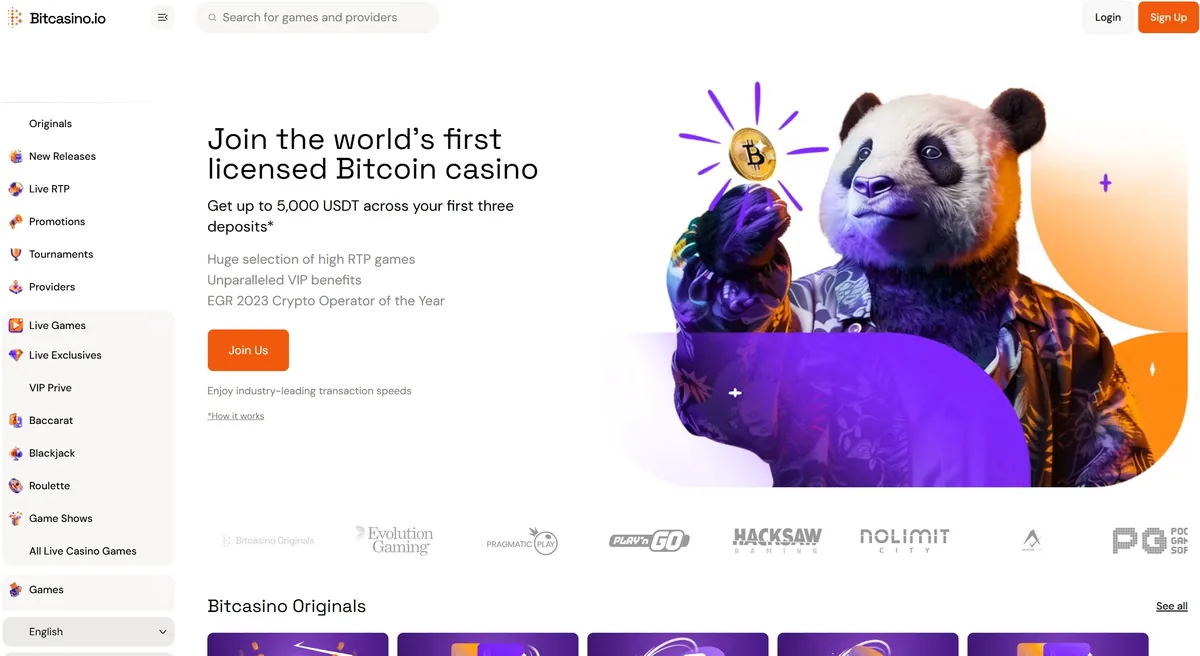 The Bitcasino.io home page