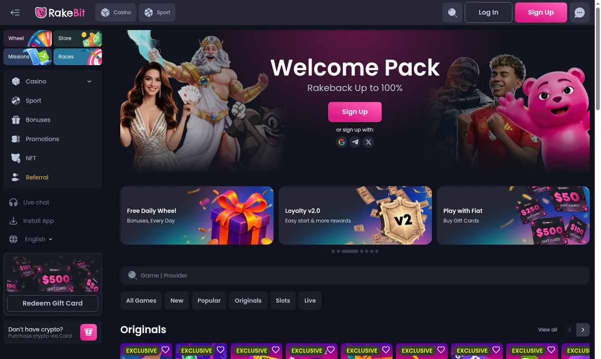 The Rakebit home page with its welcome package