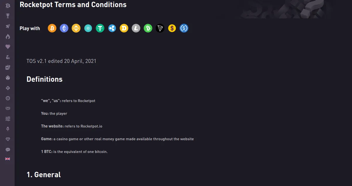 The Rocketpot terms with the accepted coins