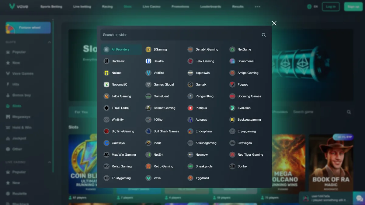 The list of game providers at Vave