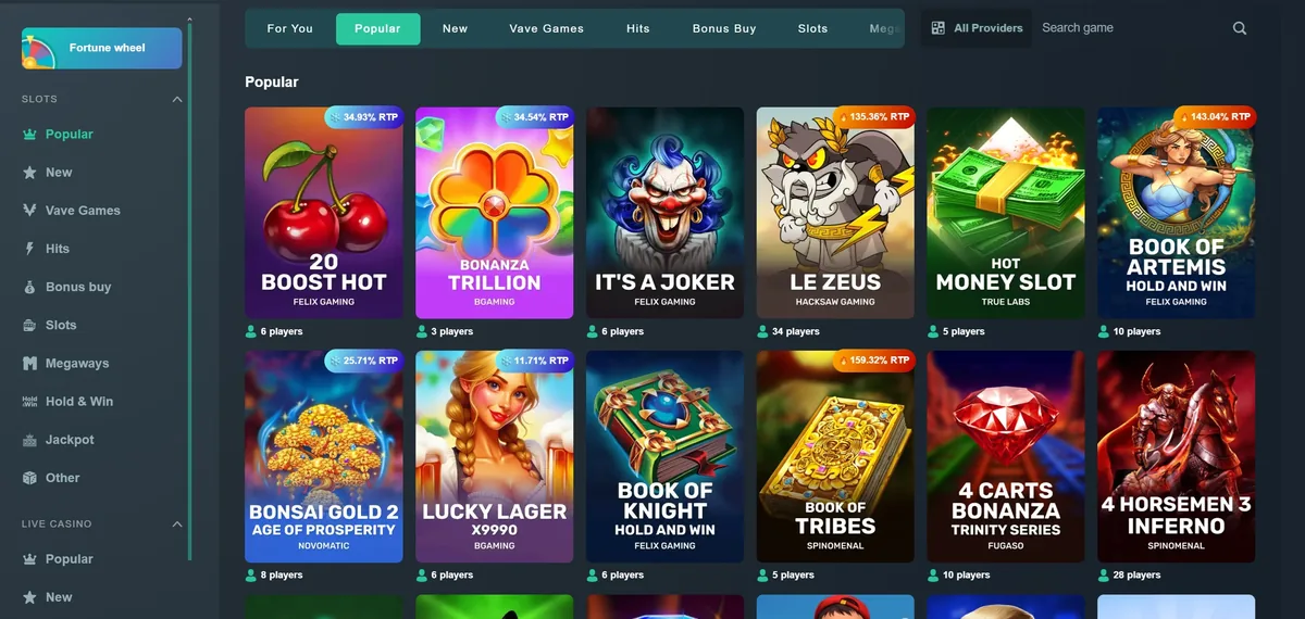 The Vave game list sorted by popularity